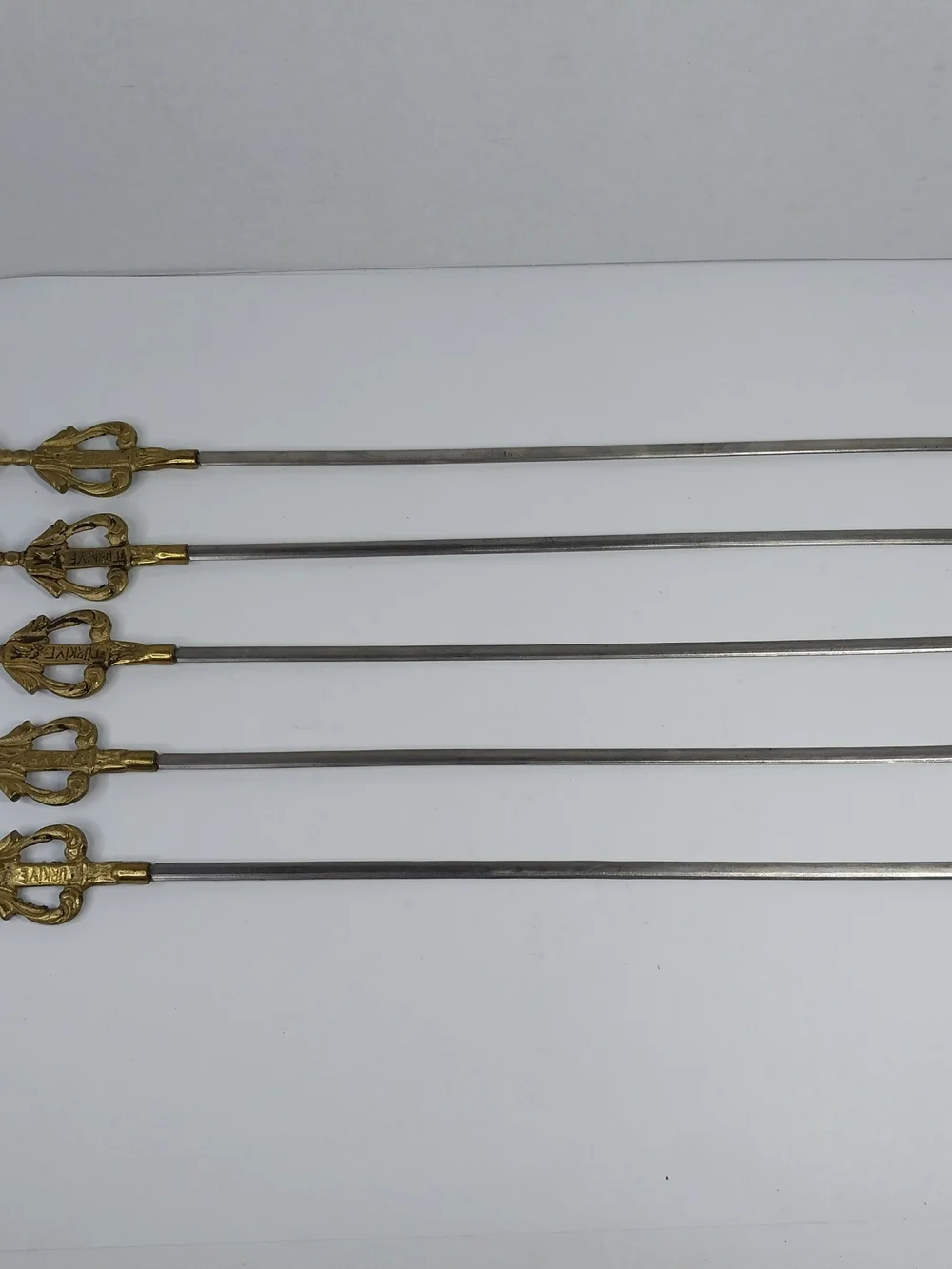 5 Vintage Shish Kebab Skewers Tarzan Inox Turkey Stainless Decorative Brass Tops